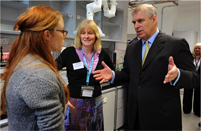 HRH The Duke of York talks to PhD student Claire Armstrong (left) and Professor Driscoll (centre) about the research conducted in the group. Photo courtesy of Phillip Mynott HRH The Duke of York visits the department